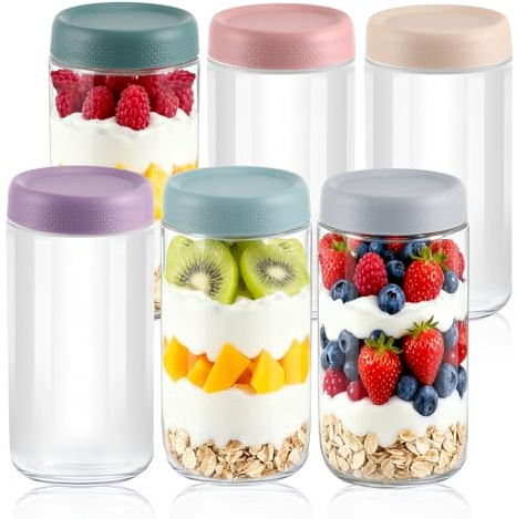 Vasmeiy 6 Pack Tarros de Avena Nocturna, 700 ml vidrio reutilizables, Avena Nocturna con tapa de rosca, Mason Jars Tarros de Yogur, Adecuado para mermelada casera, yogur, conservas cereales