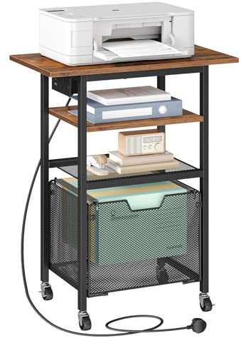 HOOBRO Printer Stand with Charging Station, Rolling Printer Table with File Drawer, 4-Tier Mobile Printer Cart with AC Outlet, Type-C & USB-A Ports, for Home Office, Rustic Brown and Black EBF17KPS01