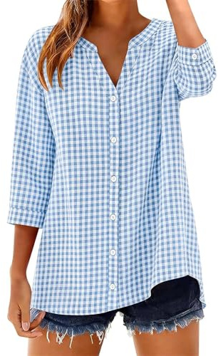 Chemisier en coton à manches 3/4 avec boutonnage pour femmes - Gingham à carreaux rayé - Col en V - Blouse ample décontractée - T-shirt à carreaux d'été, bleu, XXL