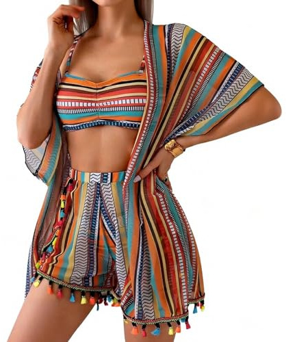 Bikini de Mujer de Cuatro Piezas de Cintura Alta - Kimono de Playa con Borlas de Malla con Bañador de Baja Cintura, Traje de Vacaciones de Verano de Playa y Salidas, naranja, L