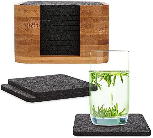 VVTB Lot de 10 dessous de verre carrés en feutre avec boîte en bambou – Extra imperméables et anti-taches, en anthracite, pour bouteilles de boissons, tasses, bar, décoration de table en verre,
