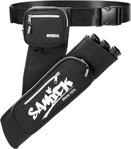 SAMICK SPORTS Archery Hip Arrow Quiver Holder - Adjustable Waist Hanged Quivers with 3 Tubes for Arrows, & Pockets for Bow Hunting and Target Practicing Right Handed (Black)