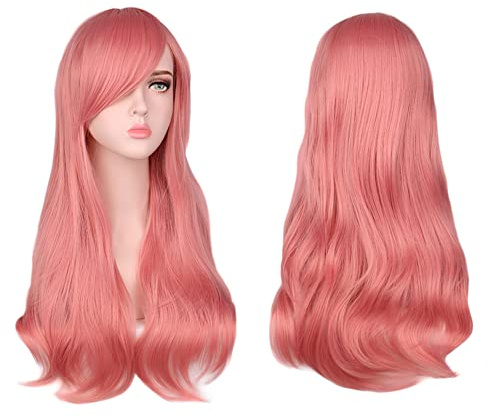 Aomig Capelli Ricci parrucco Rosa Lungo, 3 Pcs Rosa Ondulé con Occhiali e Retine, Parrucche a Onde Lungo, Parrucca Sintetica per Festa, Uso Quotidiano