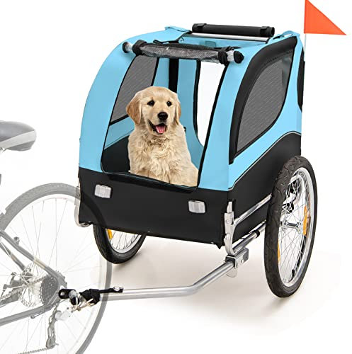 COSTWAY Remorque Velo Pliable pour Chien Animaux en Oxford Canvas, Poussette de Transport pour Chien avec Drapeau, 8 Reflecteurs et Toit Ouvrant, Charge Max 40 kg (Bleu)