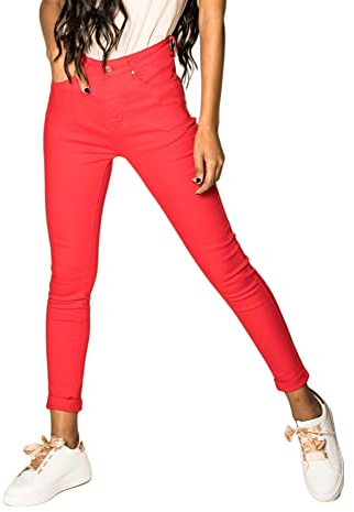 Nina Carter P109 Pantalones Vaqueros Ajustados para Mujer, Cintura Alta, Elásticos, Rojo P109-3, XS