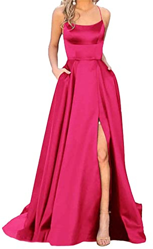 xxxiticat Damen Elegant Lange Ballkleider mit Taschen Satin A-Linie Backless Hochzeitskleid Abendkleider Sexy Neckholder Spaghetti Brautkleid Kleider Lang Prinzessin Brautjungfer Kleid (RO-S)