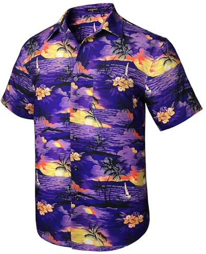 HISDERN Hawaiian Shirts for Men Casual Mens Shirts Short Sleeve Summer Funky Beach Men's Regular Fit Hawaii Print Short Sleeved Aloha Shirt,Purple,2XL