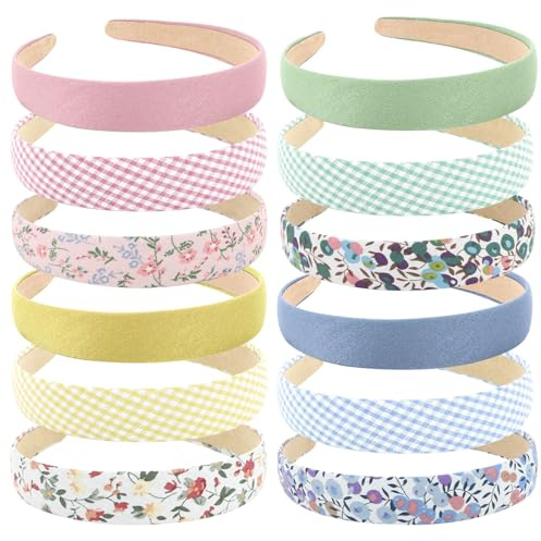 Wecoe 12pcs Headbands for Women Girls Summer Flower Floral Plain Checked Plaid Printed Headbands Hairbands Diy Costume Hair Accessories Women Girls Diademas Coreanas Para Mujer Gifts