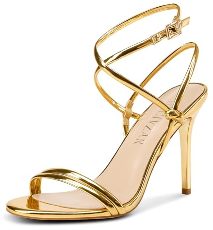 HEUIVZAR Mujer Con tirantes Cordones Aguja Alto High Heel Sandalias Abierta Punta Correa Tobillo Slingback Fiesta Dress Zapatos Verano 10 CM Heels Oro 38 EU