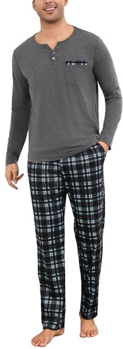 Bresdk Pyjama Homme Hiver Coton Long Ensembles de Pyjamas à Chauds Manches Longues Col V Vêtements De Nuit pour Hommes Deux Pièces