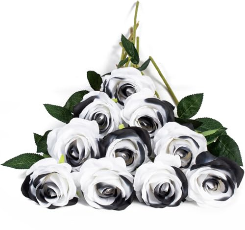 DuHouse 10 st konstgjorda rosor falska silkesblommor falska rosor (svart | Realistiska rosbuketter med enkla långa plaststjälkar för arrangemang bröllopsbord bordsuppsats fest heminredning