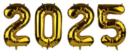 2025 Balloons, Aluminum Film Number Balloons 40in/101.6cm Inflatable Number Balloon Numbers for New Year Decoration Graduation Birthday Anniversary (Gold)