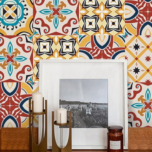 Tile Stickers Red Blue Stick on Tiles PVC Peel and Stick Tiles Kitchen Waterproof Bathroom Decor Kitchen Tile Stickers Oil Proof DIY Self Adhesive Wall Tiles10 PC(20x20cm)