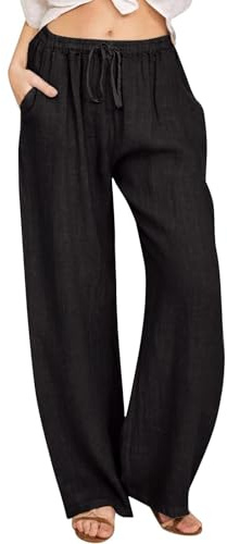KUIH Womens Trousers Summer Casual Linen Trousers Drawstring Elastic Waist Long Pants Women Straight Wide Leg Lounge Pants High Waisted Palazzo Loose Fit Ladies Bottoms