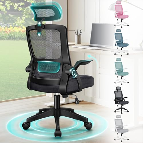 ELFORDSON Ergonomic Office Chair, Mesh Desk Chairs with Headrest Lumbar Support, Executive Computer Swivel Chairs with Flip-up Armrests, Comfy Seat Cushion, Height Adjustable, Rocking for Home, Black