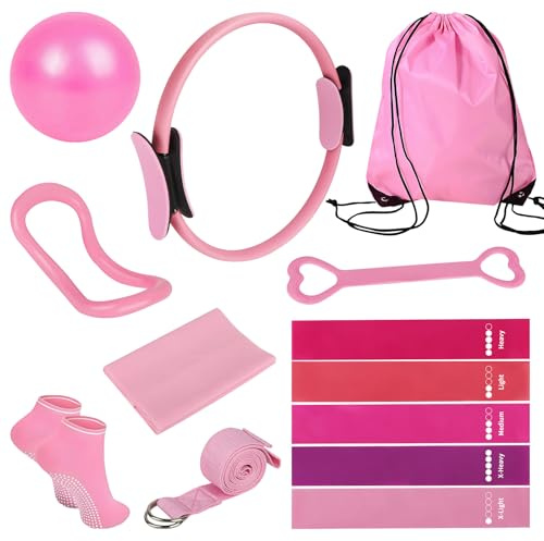Bindokun Equipo de pilates, kit de pilates en casa de 13 piezas para mujer, fitness, anillo de pilates y juego de pelota con bandas de resistencia y calcetines de agarre, portátil, gimnasio, ejercicio