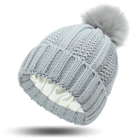GWAWG Berretto invernale foderato in raso, caldo berretto con pompon, cappello lavorato a maglia con pompon in pelliccia sintetica, per donne e ragazze, Grigio, Taglia unica