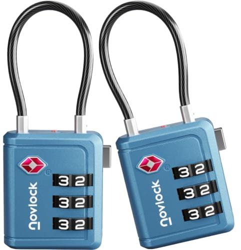 TSA Bagagelås med Alertindikator – Kombinationslås med Flexibelt Kabellås – För Resväskor, Kabinväska, Ryggsäckar, Bagage och Skåp – 2-pack blå