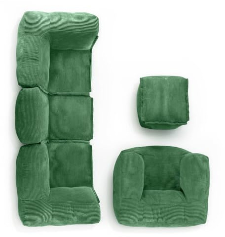 LUMALAND Juego básico modular de pana | Puf para sofá con sillón y puf | 5 bolsas interiores con relleno | Sofá modular con perlas de poliestireno expandido | Cojín XXL para salón, dormitorio y