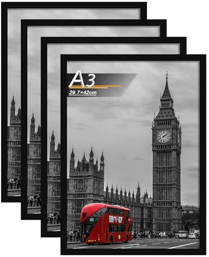 Tinkeps Juego de 4 Marcos de Fotos A3 Negros (29,7x42 cm) - Marco para Póster de Madera MDF con Placa Acrílica Inastillable - Estilo Moderno para Decoración de Pared - Montaje Horizontal & Vertical