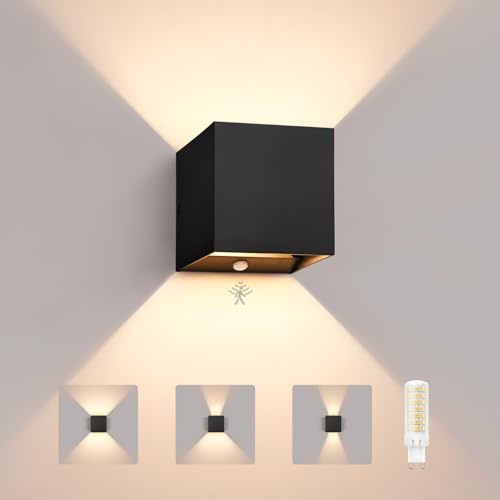 Applique Exterieur avec Detecteur de Mouvement, 6W LED Luminaire Murale IP65 pour Intérieur/Extérieur, Ampoule G9 3000K Remplaçable, Up Down Angle de Faisceau Réglable, Lumière pour Terrasse, Noir