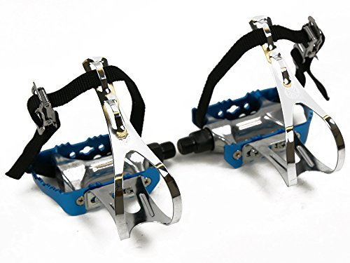 Permanent-Fahrrad Blaue Rennradpedale mit Retrohaken und einfachem Nylonriemen