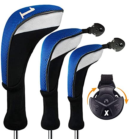 Couvre Club De Golf Bois Housses Interchangeables sans Etiquette Hybrid Driver Fairway Set, Golf Club Head Cover Femme Homme Enfant Noir Bleu Rouge (3 Pack—Bleu 1 Driver+1 Fairway+1 Hybrid)