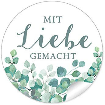 24 STICKER Mit Liebe gemacht Etiketten für ihr Gastgeschenk EUKALYPTUS ZWEIGE GRÜN MINT WEIß zum beschriften von Selbstgemachtes, Briefen oder Geschenkverpackungen, 4 cm, rund, matt