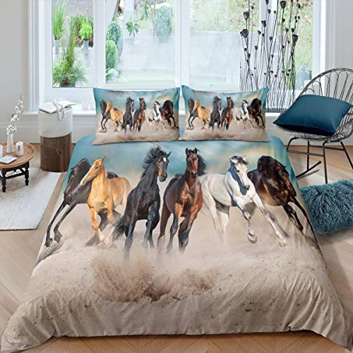 Loussiesd Horse Comforter Cover Set for Kids Running Horses Bedding Set for Boys Girls Teens Youth Man Decorative Wild Animal Pattern 3 Piece Double Duvet Cover with 2 Pillowcases,Zipper Lightweight