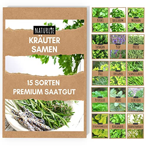 15er Kräuter Samen Set von Naturlie, 15 Sorten Küchenkräuter im Kräutersamen Set, Kräuterset und Gewürzsamen für Küche, Balkon, Garten oder Hochbeet