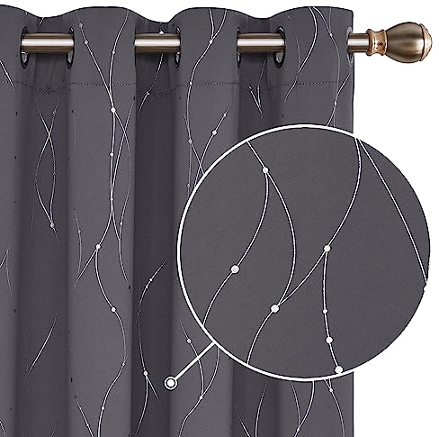 Deconovo Dot Line Decorative Super Soft Thermal Insulated Energy Saving Blackout Curtains for Living Room Dark Grey 66 x 90 Inch 2 Panels
