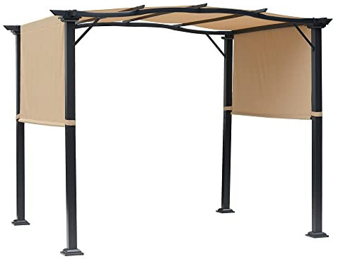 Outsunny Outdoor Pergola Garden Gazebo with Two Adjustable Side Canopy Overhead Sun Shade Backyard Canopy Cover, Steel Khaki 2.96x2.45x2.3m