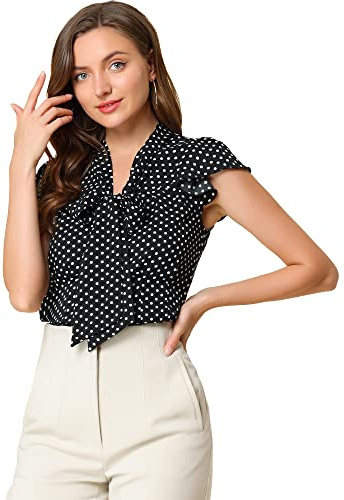 Allegra K Women's Polka Dots Tops Summer Ruffled Cap Sleeve Casual Office Bow Tie Neck Blouse Large Black