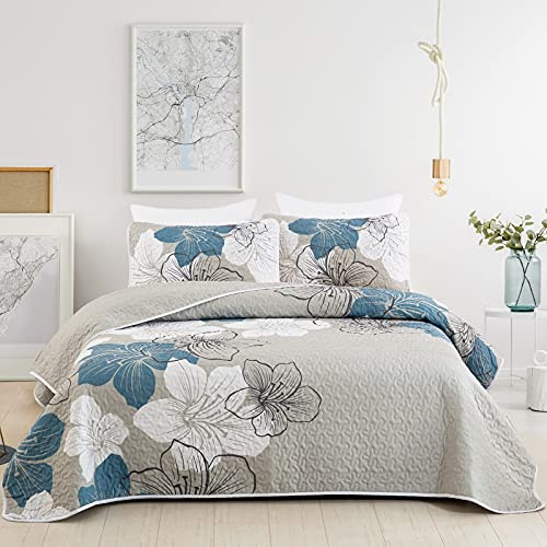 DJY Quilt California King Size, 3 Pcs Blue Floral Bedspread Beddding Set
