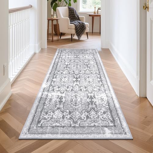 Enyhom Carpet Runner Rugs for Hallway 60 x 180cm Non Slip, Machine Washable Boho Hallway Runners Extra Long Kitchen Runner Super Soft Carpet Rug for Living Room Entryway Laundry Room, Grey
