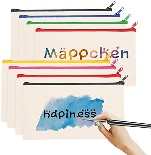 Yoosso 8 Estuches de Lona DIY con Cremallera, 21 x 12 cm, 6 Colores | Lona resistente, para pintar o bordar, cremallera suave, multiusos, ideal para escuela, viaje y manualidades