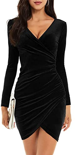 Joligiao Robe de Soirée Hiver Femme Robe Velours Col en V Robe Cocktail Courte Robe élégante Robe de Noël Vintage Dress Mi Longue pour Fête Noël Club Mariage Nouvel an(A-Noir,L)