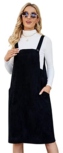 Flygo Women Corduroy Overall Jumper Pinafore Midi Dress Skirt with Pockets