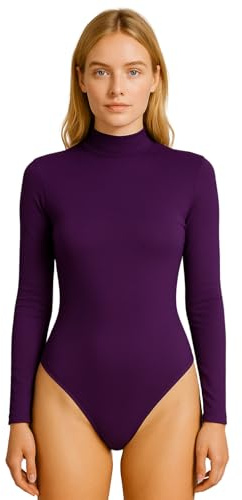 STAR FASHION Body da donna a maniche lunghe, tinta unita, collo alto, Viola, 8-10
