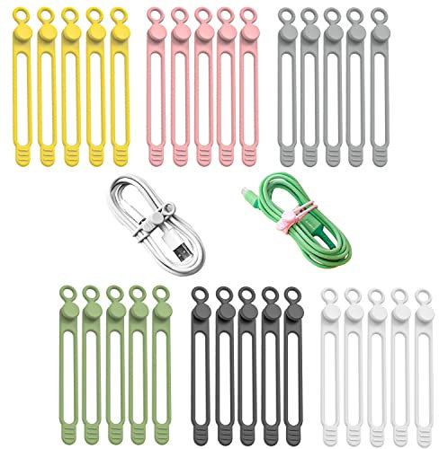 30 Piezas Sujeta Cables, 6 colores, Bridas Reutilizables, Organizar Cables de Silicona Y Alambres, Multipurpose Elastic Cord Organize,