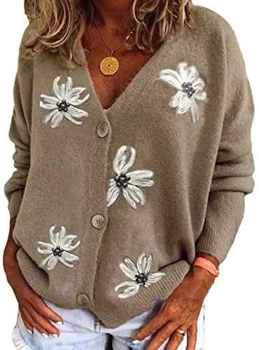 ORANDESIGNE Femme Cardigan Manches Longues Mode Veste Courte Lâché Gilets en Tricot Imprimé Marguerites Chandail Chaud Imprimé d'amour Étoile Bouton Ouvert Blouson Sweater Outwear Haut Top