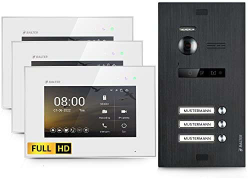 Balter EVO-HD Video Türsprechanlage, Video Türklingel mit Kamera, 3 Familienhaus Klingel, 3X 7 Zoll HD Monitor, Full HD-Kamera, 2 Draht Bus, Gegensprechanlage, 175° Weitwinkel