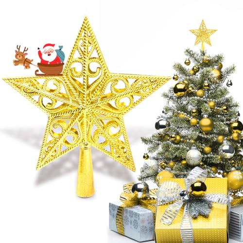 NOCHME Puntale Per Albero Di Natale Stella, Vintage Leggero Plastica Punte Albero Decorazioni Natalizie Ideale Christmas Tree Topper Decoration Star Oro