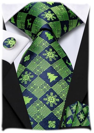 Hi-Tie Grün kariert Weihnachten Krawatte Sets Herren Schneeflocke Seidenkrawatte und Einstecktuch Manschettenknöpfe Set für Party Prom