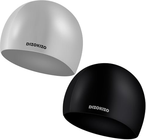 Dizokizo 2 Stück hochflexible Silikon-Schwimmhauben für Damen und Herren – rutschfeste Badekappen für langes/kurzes Haar, wasserdichte & langlebige Schwimmkappen für Erwachsene (Grau & Schwarz)