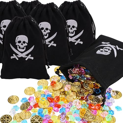 Dncvb 186 pièces de trésor de pirates, 6 sacs de trésor de pirates avec cordon + 60 pièces d'or pour enfants + 120 pierres précieuses de pirates, petits cadeaux pour fête de pirates, décoration de