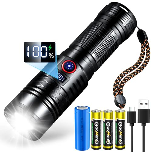 Torches LED Super Bright Rechargeable, 600000 Lumen USB Tactical Flashlight with Power Display, 5 Light Modes, Adjustable Focus, IP67 Waterproof, Powerful Torch for Camping Hiking Emergency etc