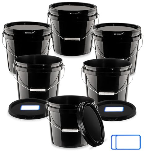 6 Pcs 2 Gallon Black Bucket with Lid and Handle, Large Plastic Storage Paint Pail Brine, Fermenting for Beer, Wine or Any Other Fermented Beverage