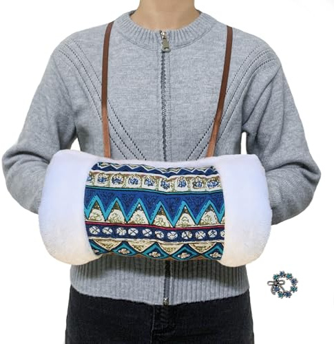 MatFirsmo Faux Fur Hand Muffs for Women Girls, Soft Plush Vintage Pattern Hand Warmer Pouch with Neck Cord, Warm Hand Muffler for Cold Weather