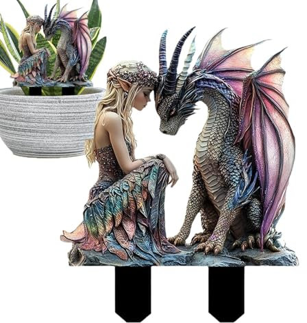 Generisch Gartenstecker Mädchen und Drache, 2D-Acryl, Blumen-Pflanzen für Topfpflanzen, Feen-Pflanzgefäß, Blumentöpfe, Gartendekoration für Garten, Gartendekoration, Rasenornamente